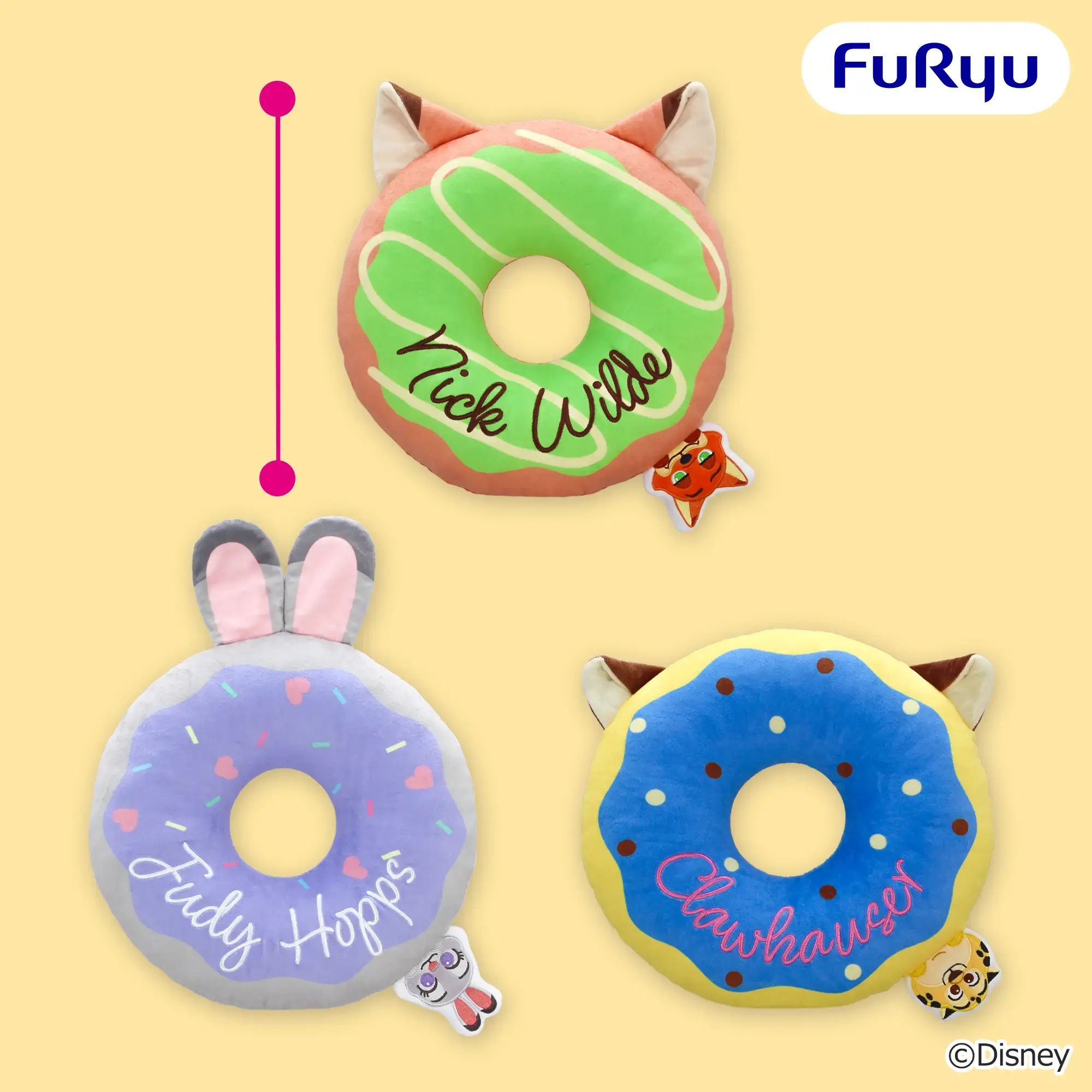 【ズートピア】ニックやジュディたちのドーナツぬいぐるみクッションがオンクレに登場!耳付きデザインが可愛らしい全3種!【プライズ】